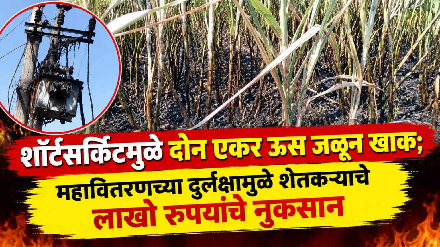 शॉर्टसर्किटमुळे दोन एकर ऊस जळून खाक; महावितरणच्या दुर्लक्षामुळे शेतकऱ्याचे लाखो रुपयांचे नुकसान