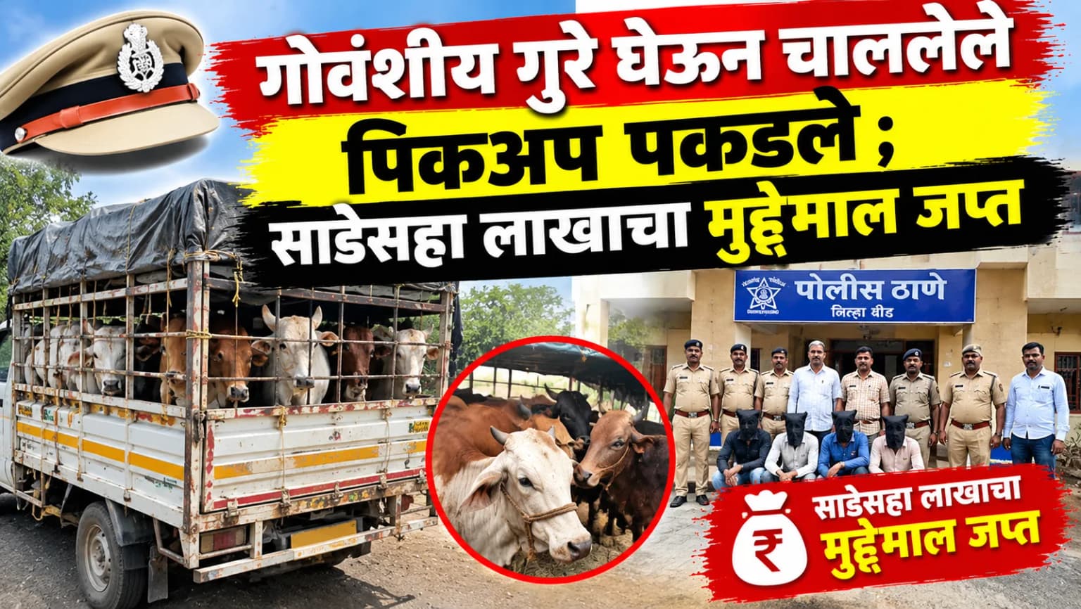 गोवंशीय गुरे घेऊन चाललेले पिकअप पकडले ; साडेसहा लाखाचा मुद्देमाल जप्त