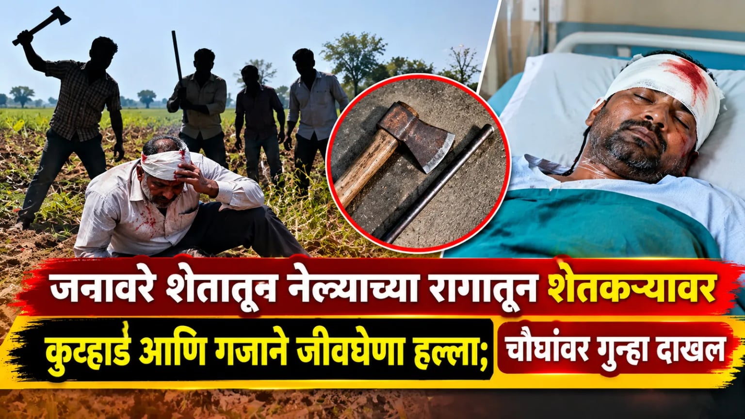जनावरे शेतातून नेल्याच्या रागातून शेतकऱ्यावर कुऱ्हाड आणि गजाने जीवघेणा हल्ला; चौघांवर गुन्हा दाखल