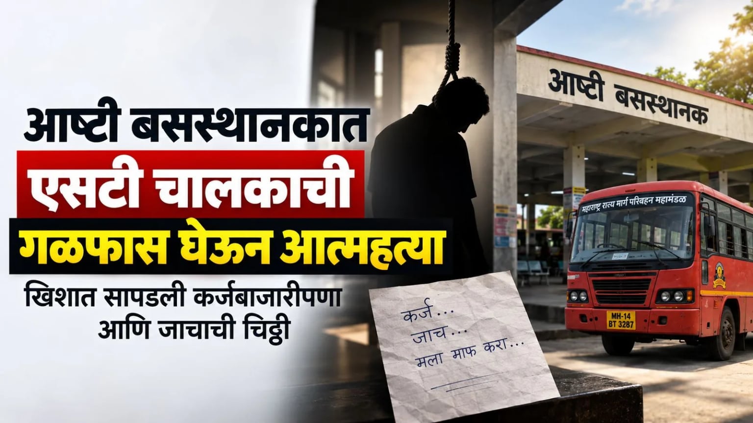 आष्टी बसस्थानकात एसटी चालकाची गळफास घेऊन आत्महत्या; खिशात सापडली कर्जबाजारीपणा आणि जाचाची चिठ्ठी