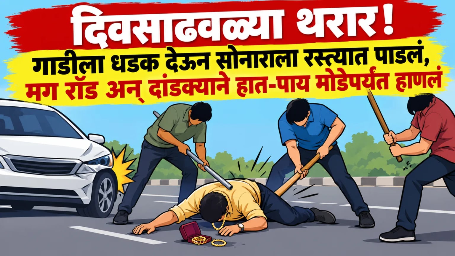 दिवसाढवळ्या थरार! गाडीला धडक देऊन सोनाराला रस्त्यात पाडलं, मग रॉड अन् दांडक्याने हात-पाय मोडेपर्यंत हाणलं