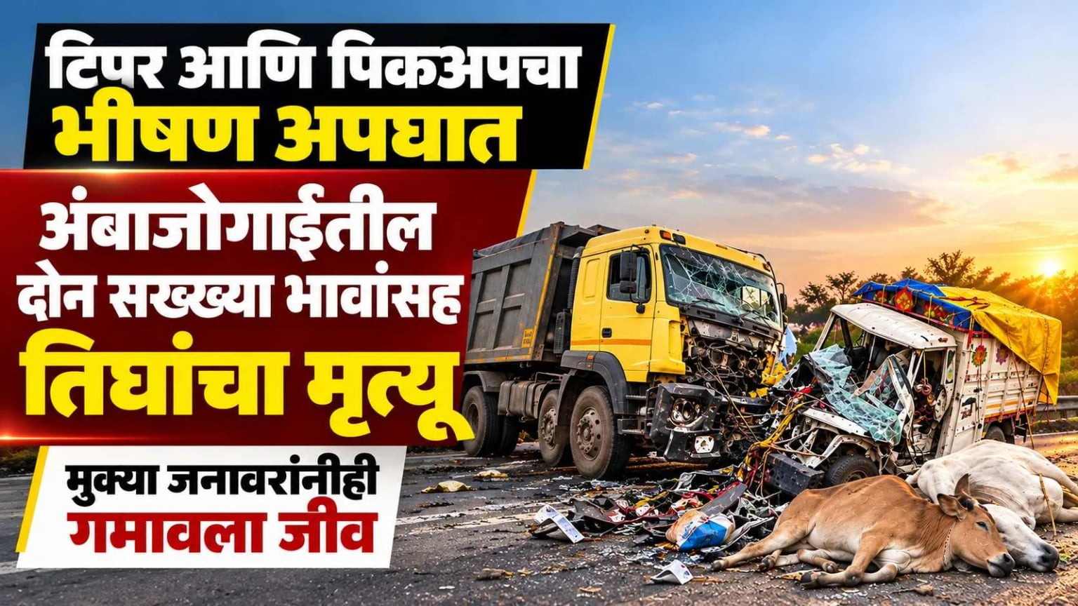नेकनूरजवळ टिपर आणि पिकअपचा भीषण अपघात; अंबाजोगाईतील सख्ख्या भावांसह तिघांचा मृत्यू, मुक्या जनावरांनीही गमावला जीव