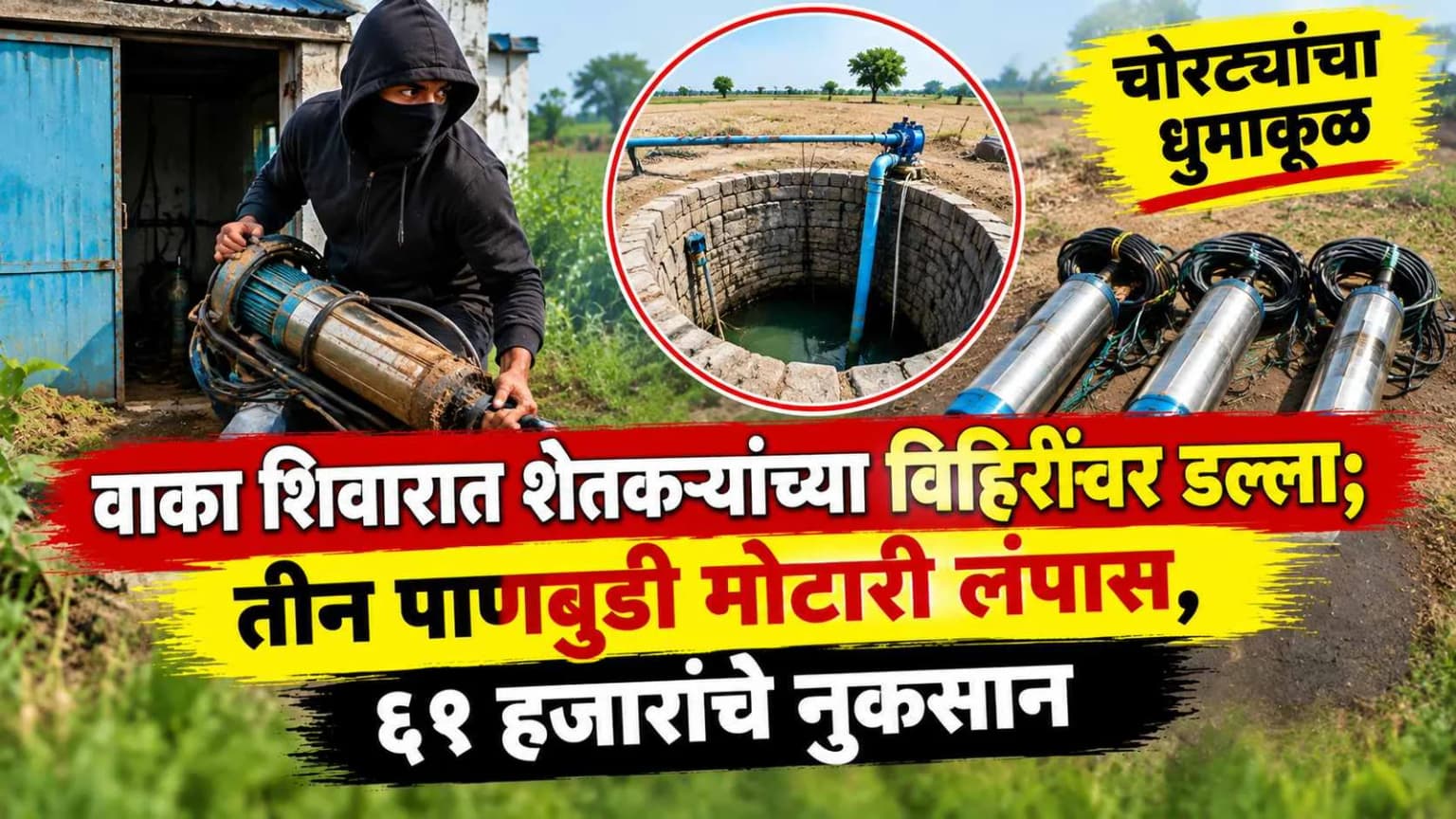 वाका शिवारात शेतकऱ्यांच्या विहिरींवर डल्ला; तीन पाणबुडी मोटारी लंपास, ६१ हजारांचे नुकसान