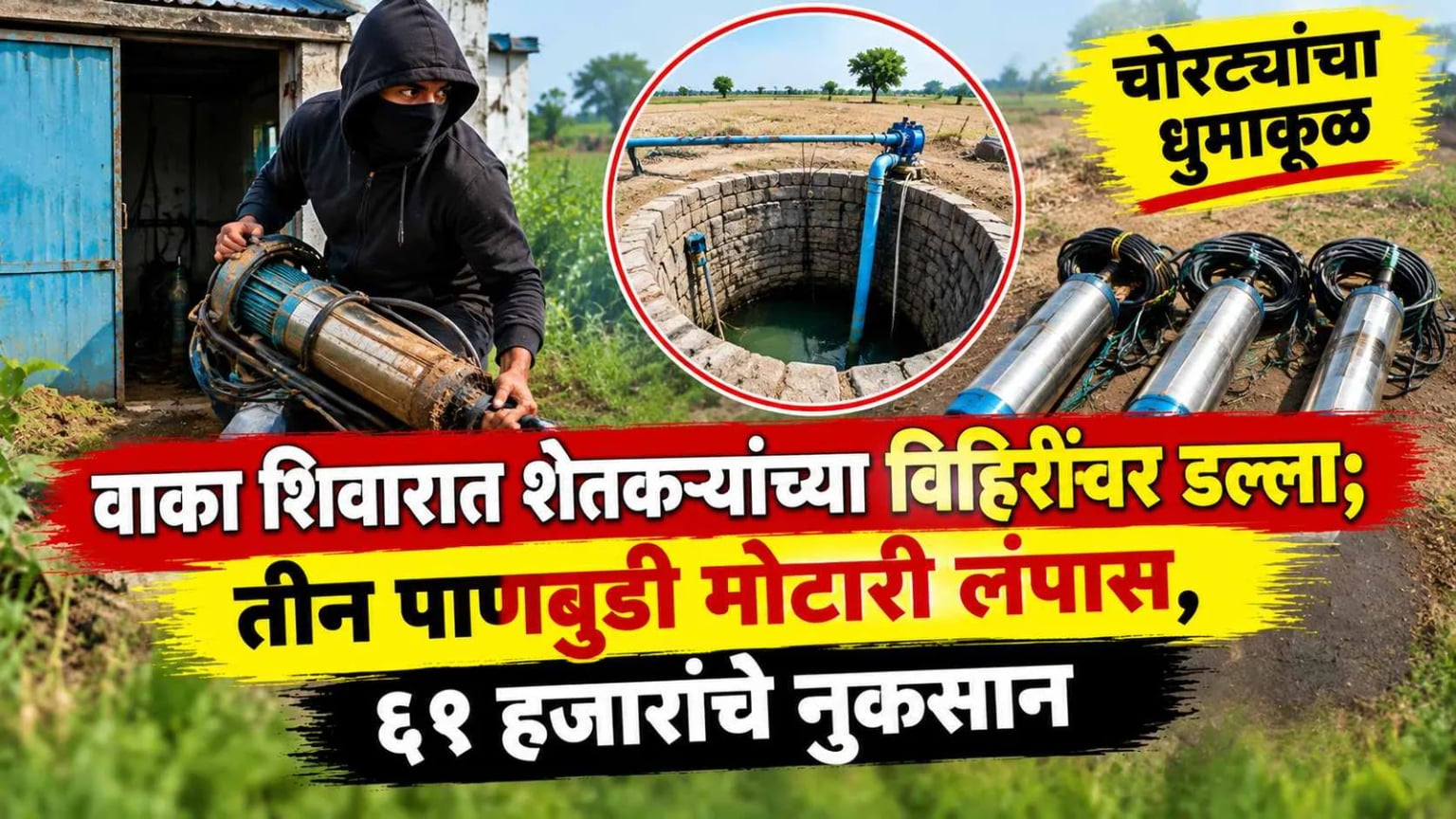 वाका शिवारात शेतकऱ्यांच्या विहिरींवर डल्ला; तीन पाणबुडी मोटारी लंपास, ६१ हजारांचे नुकसान