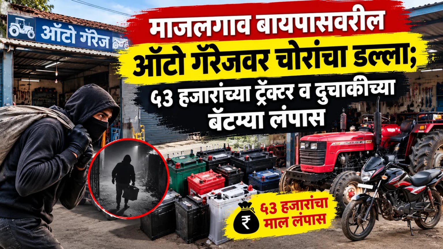 माजलगाव बायपासवरील ऑटो गॅरेजवर चोरांचा डल्ला; ५३ हजारांच्या ट्रॅक्टर व दुचाकीच्या बॅटऱ्या लंपास