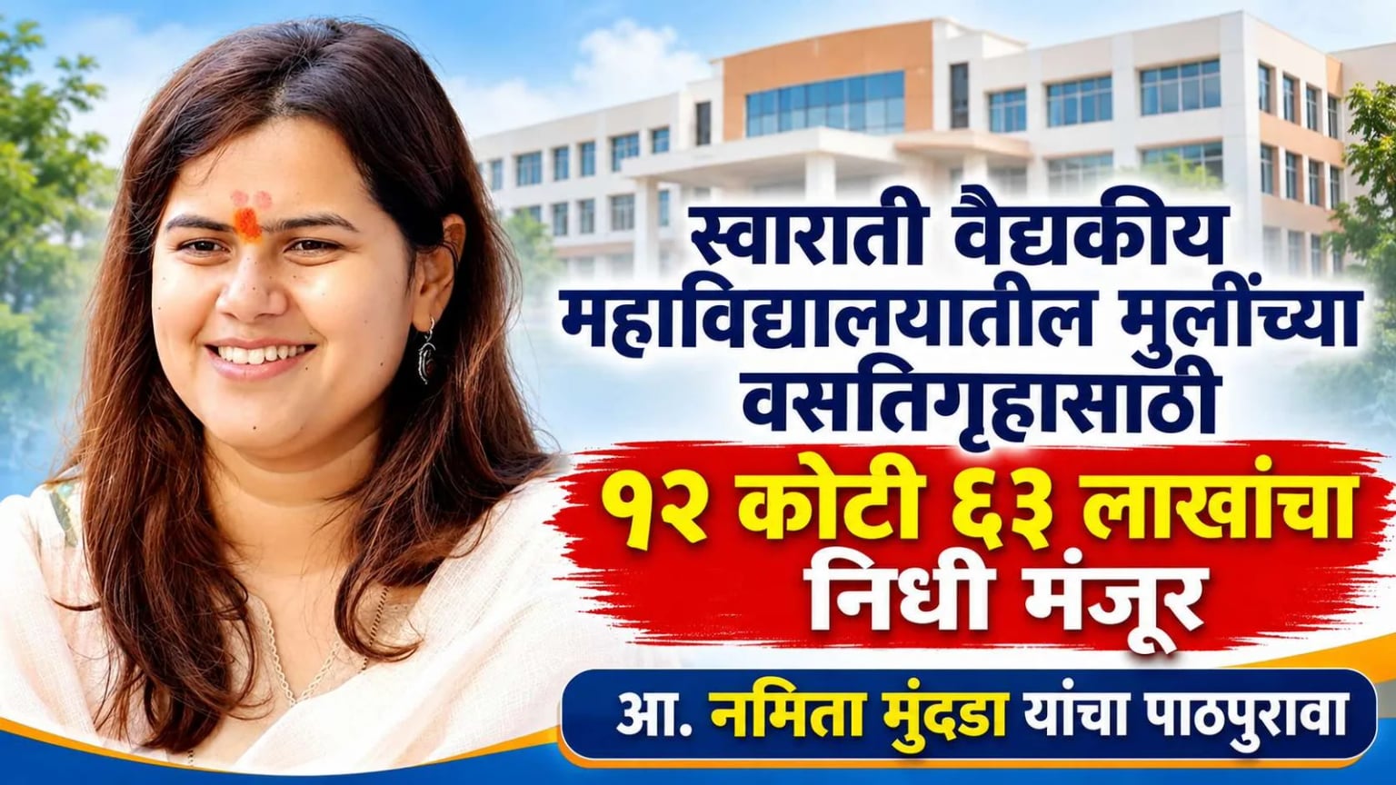 स्वाराती वैद्यकीय महाविद्यालयातील मुलींच्या वसतिगृहासाठी १२ कोटी ६३ लाखांचा निधी मंजूर; आ. नमिता मुंदडा यांचा यशस्वी पाठपुरावा
